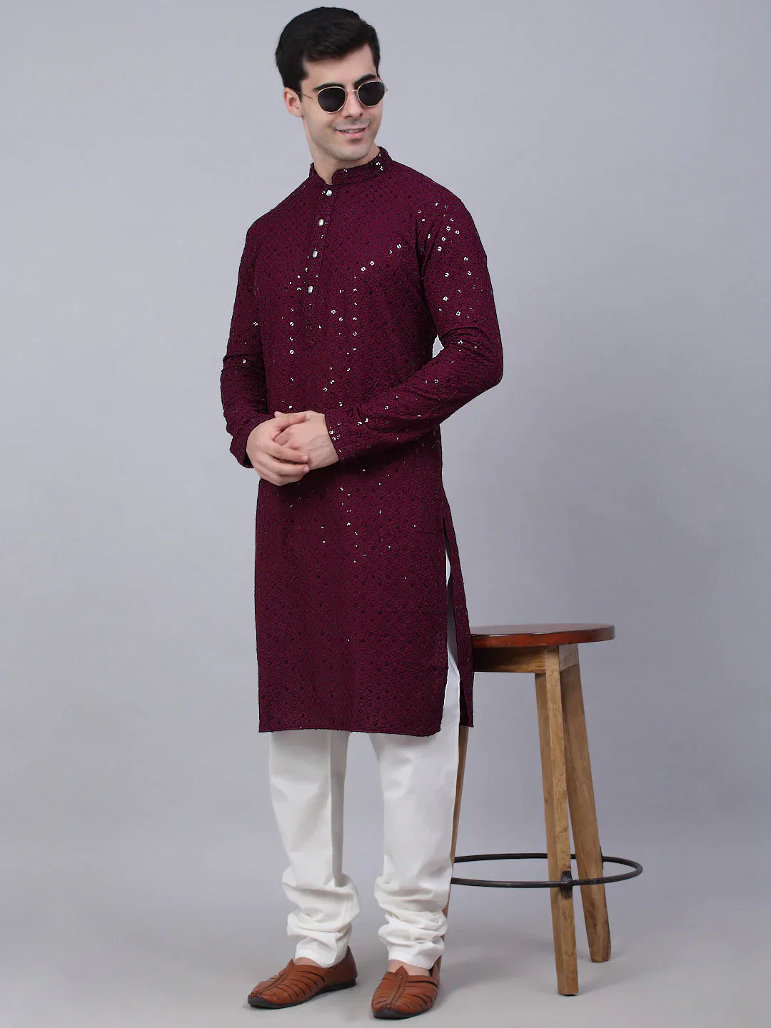 Jompers Men's Purple Chikankari Embroidered and Sequence Kurta Only