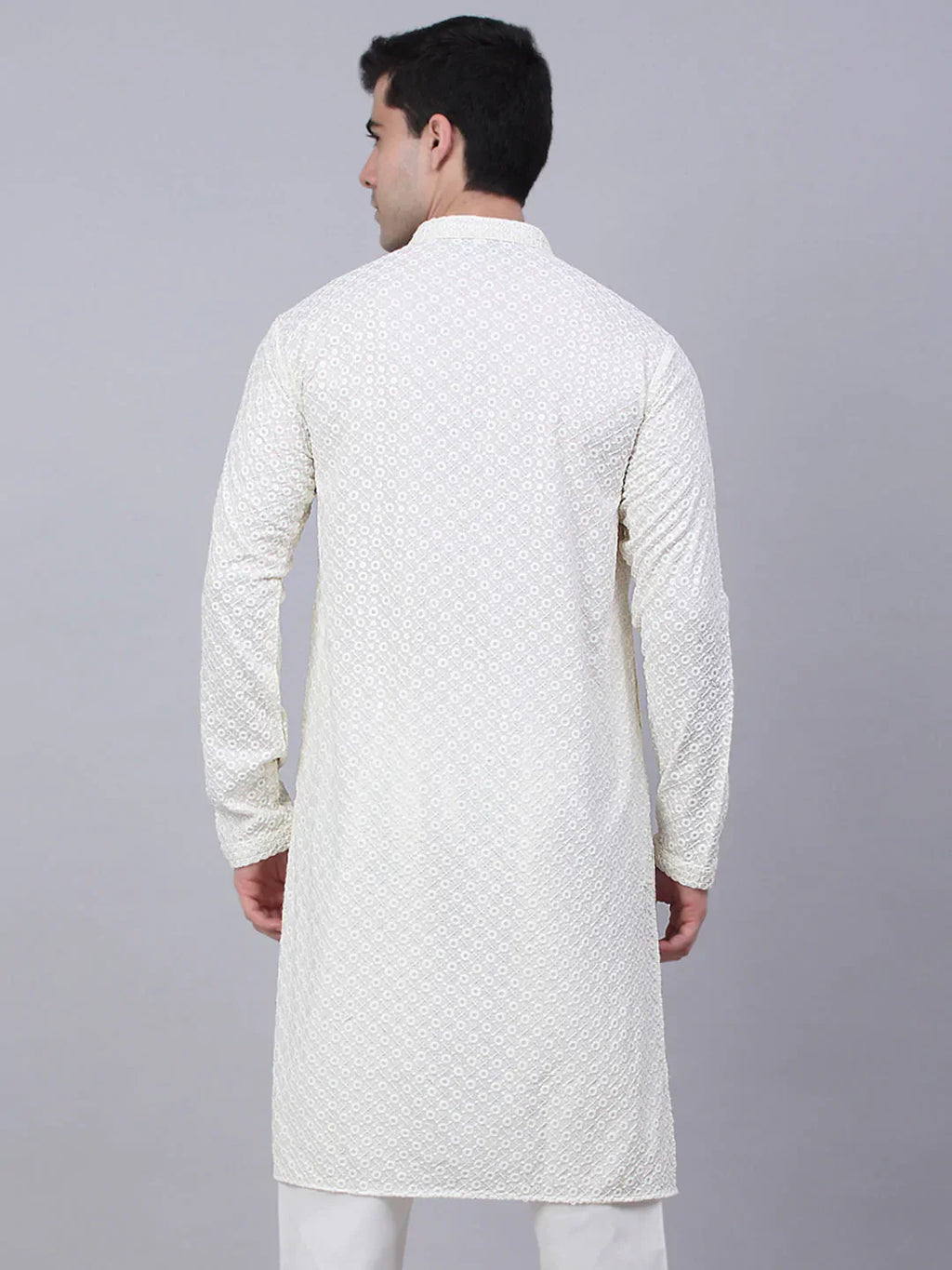 Jompers Men's White Chikankari Embroidered and Sequence Kurta Only
