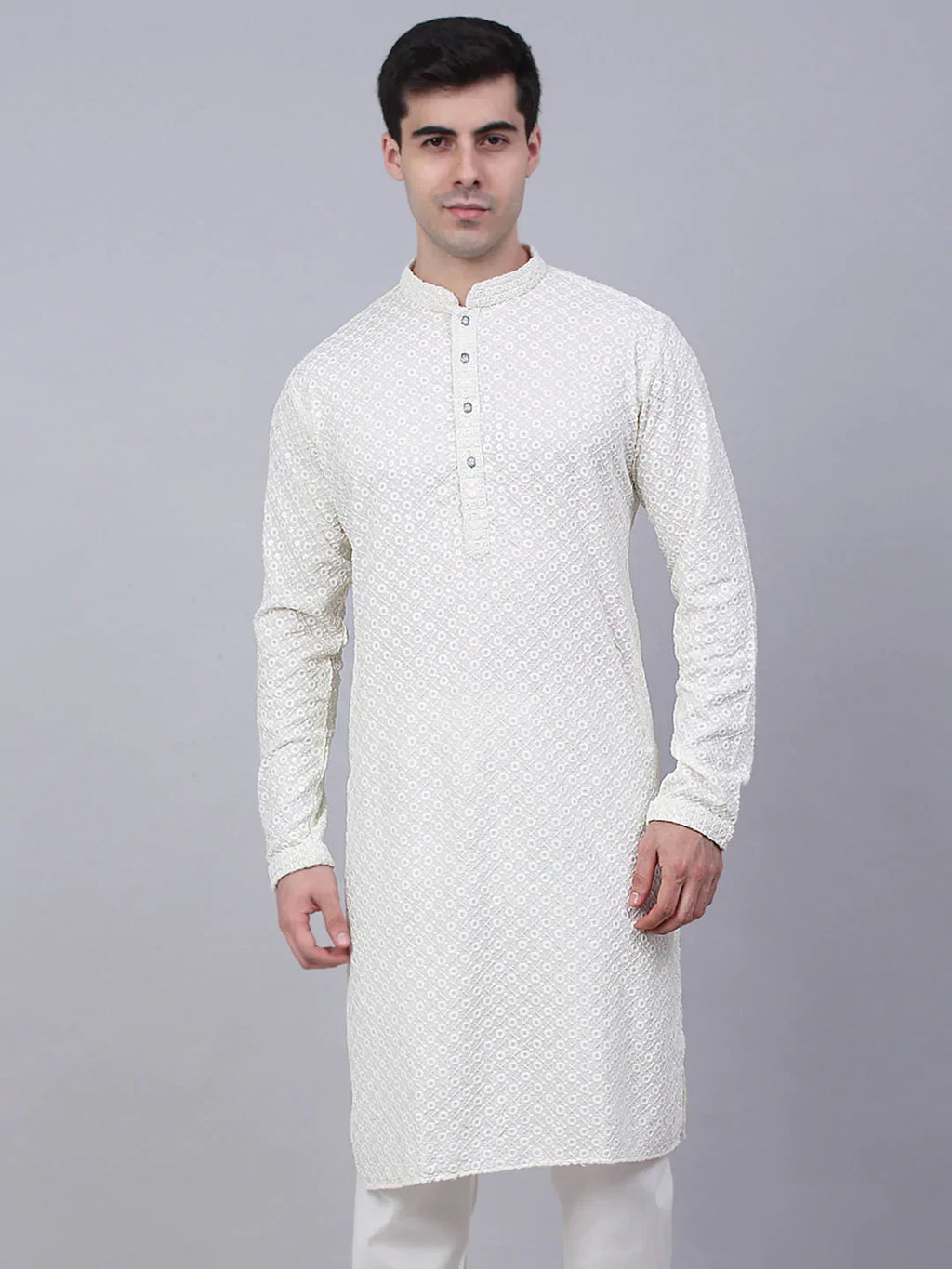 Jompers Men's White Chikankari Embroidered and Sequence Kurta Only