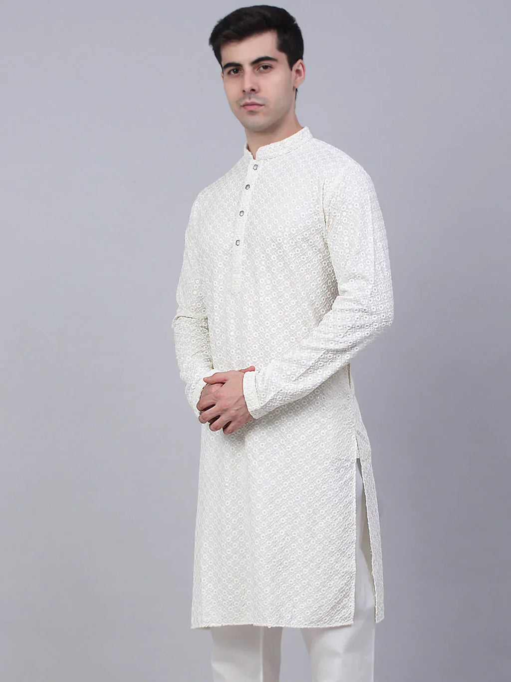 Jompers Men's White Chikankari Embroidered and Sequence Kurta Only
