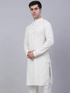 Jompers Men's White Chikankari Embroidered and Sequence Kurta Only