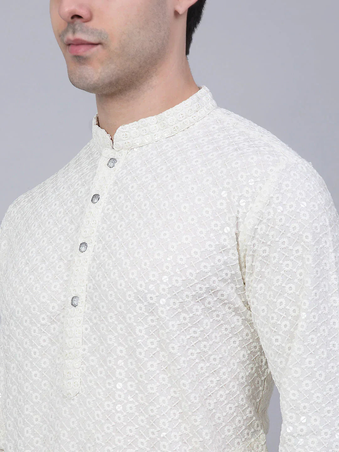 Jompers Men's White Chikankari Embroidered and Sequence Kurta Only