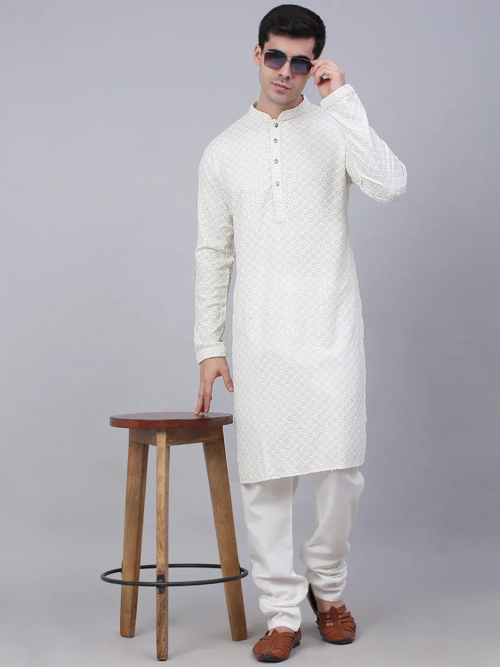 Jompers Men's White Chikankari Embroidered and Sequence Kurta Only