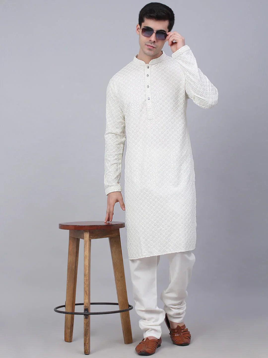 Jompers Men's White Chikankari Embroidered and Sequence Kurta Only