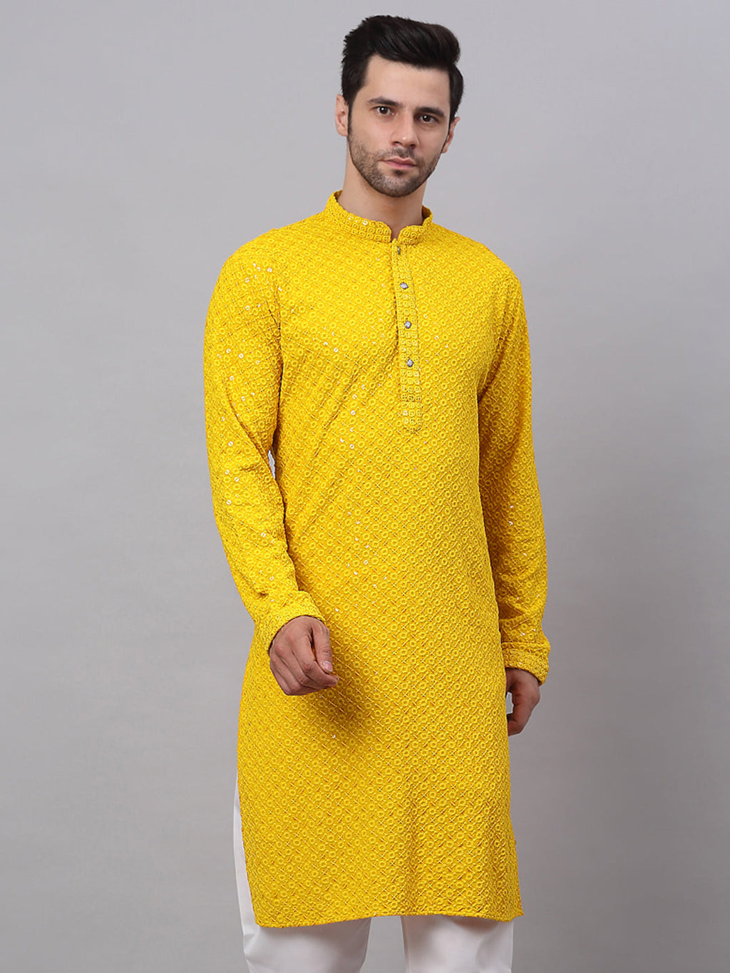 Jompers Men's Yellow Chikankari Embroidered and Sequence Kurta