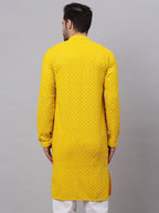 Jompers Men's Yellow Chikankari Embroidered and Sequence Kurta