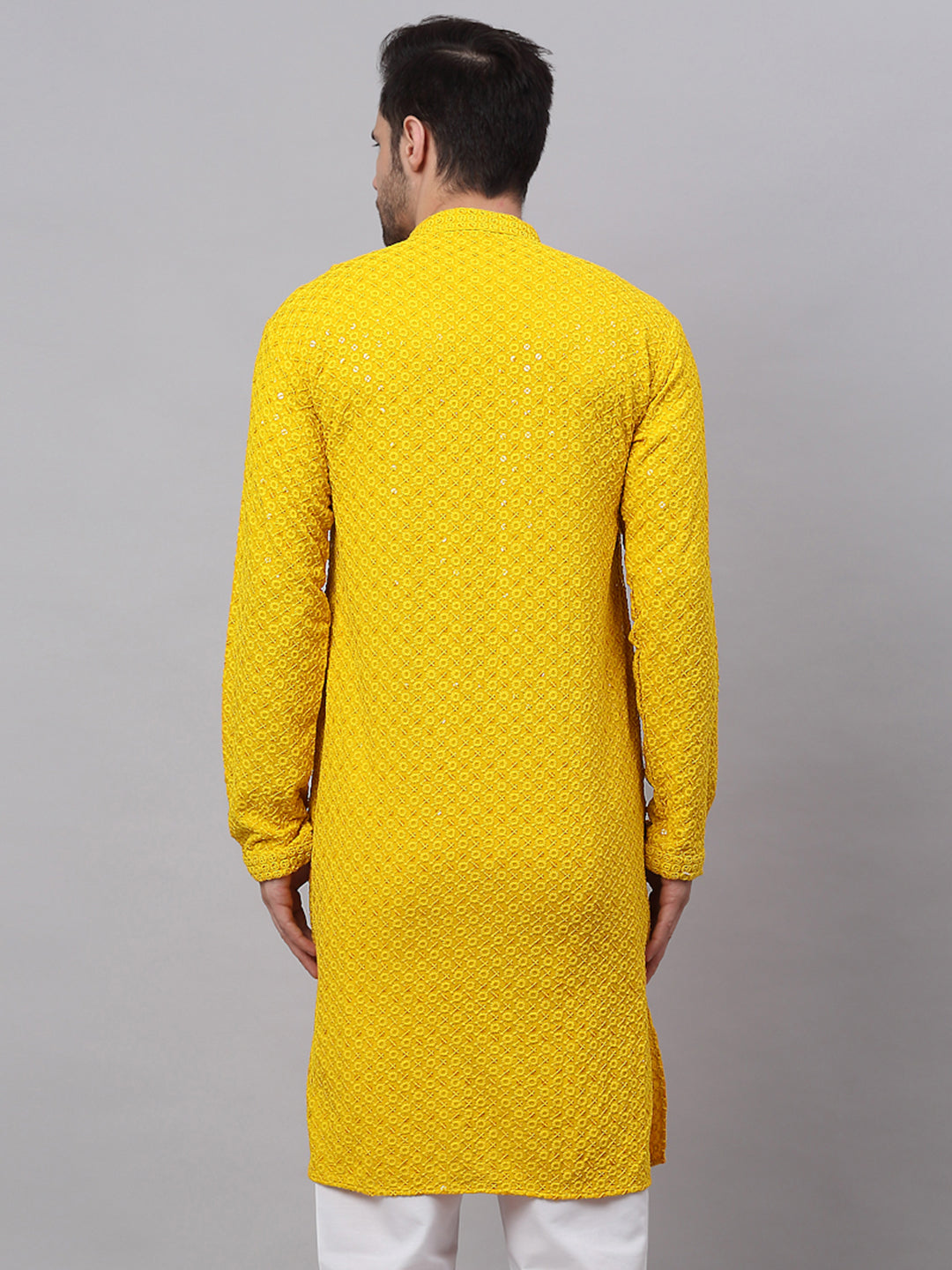 Jompers Men's Yellow Chikankari Embroidered and Sequence Kurta