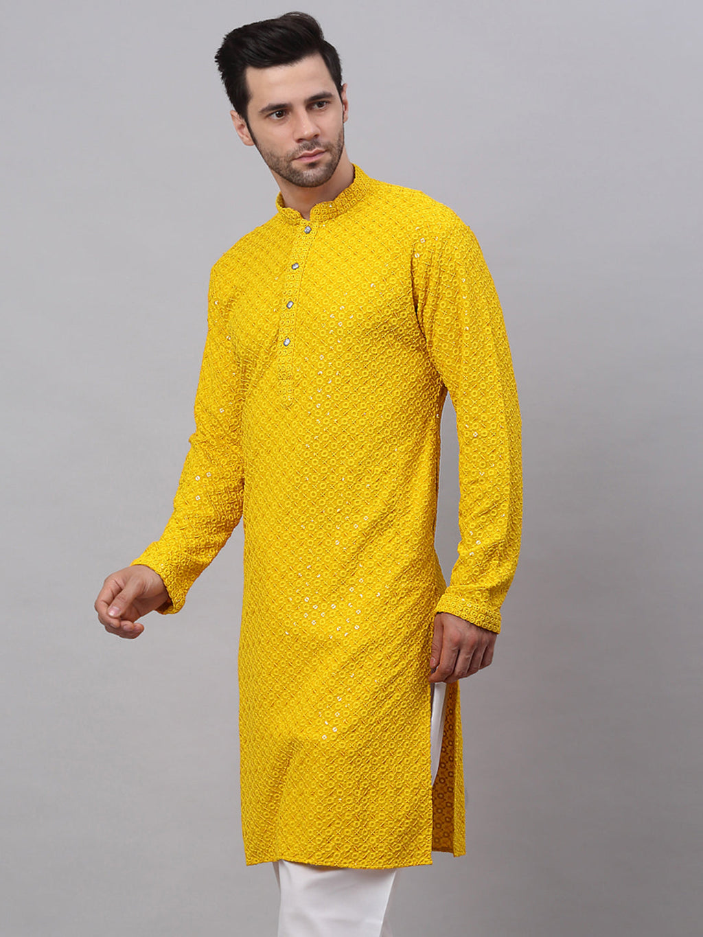 Jompers Men's Yellow Chikankari Embroidered and Sequence Kurta