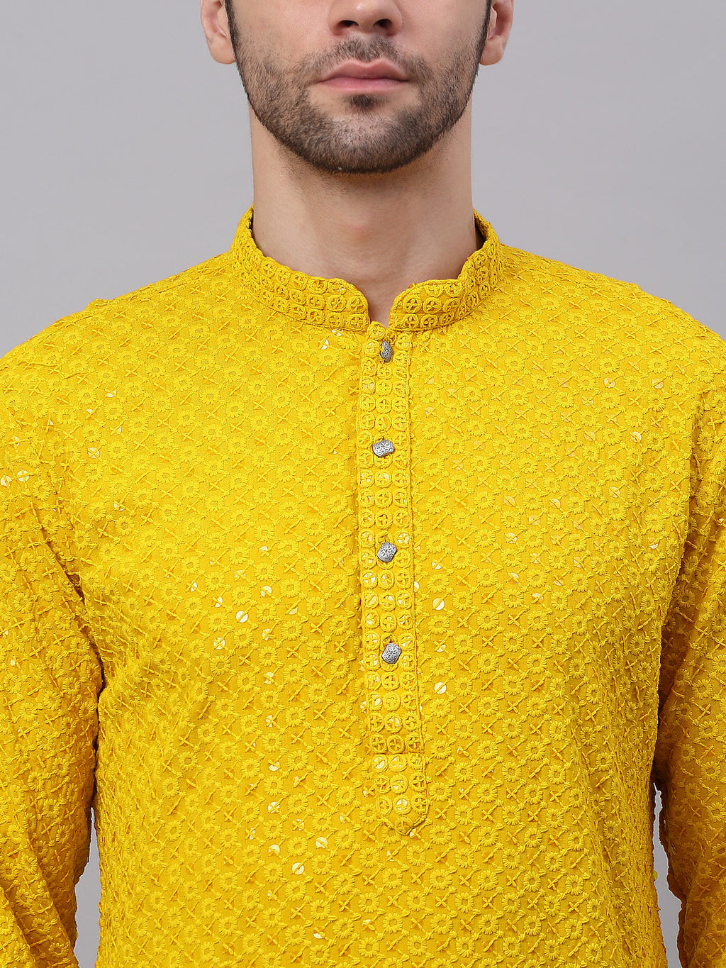Jompers Men's Yellow Chikankari Embroidered and Sequence Kurta
