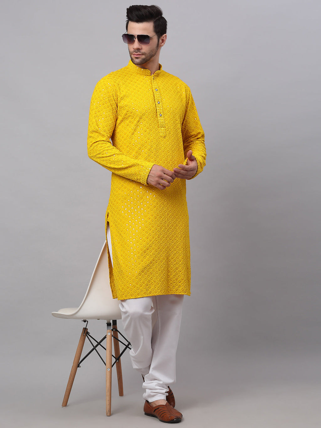 Jompers Men's Yellow Chikankari Embroidered and Sequence Kurta
