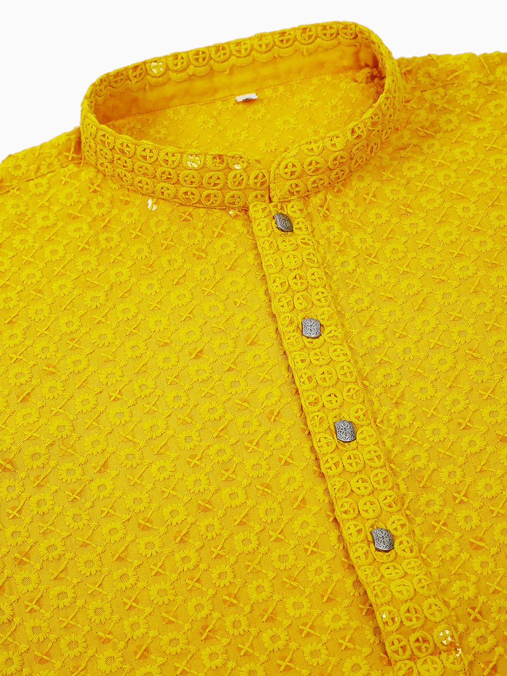 Jompers Men's Yellow Chikankari Embroidered and Sequence Kurta