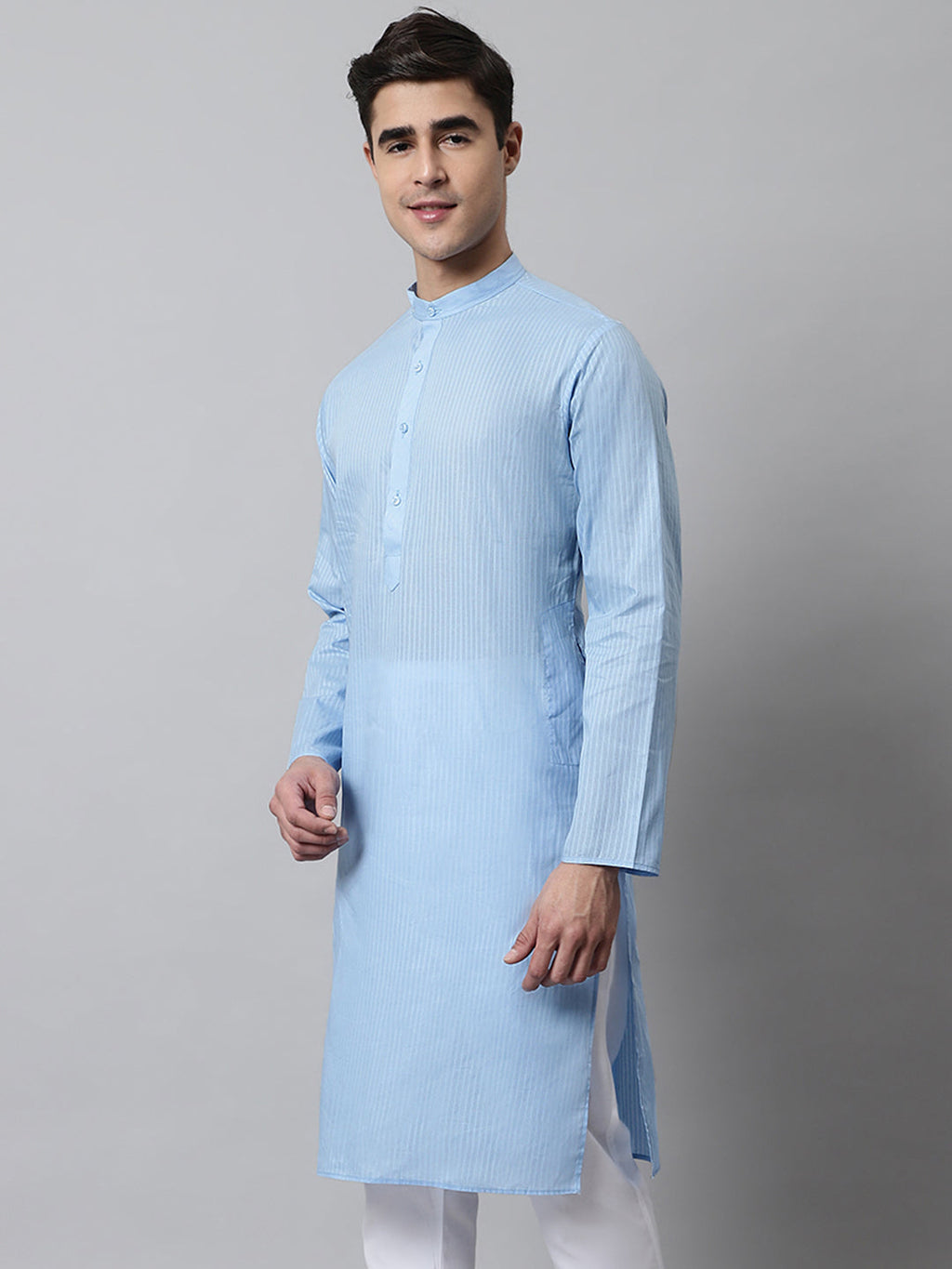 Jompers Men's Light blue Cotton Striped Kurta