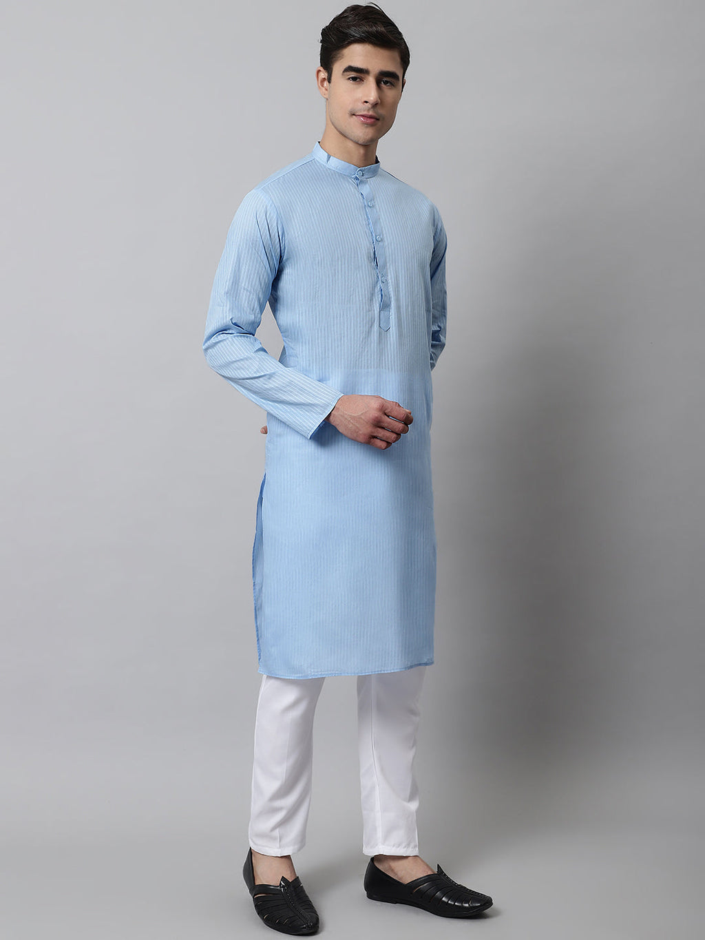 Jompers Men's Light blue Cotton Striped Kurta