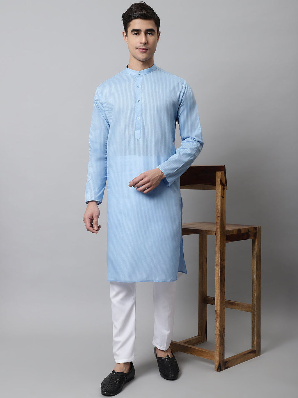 Jompers Men's Light blue Cotton Striped Kurta