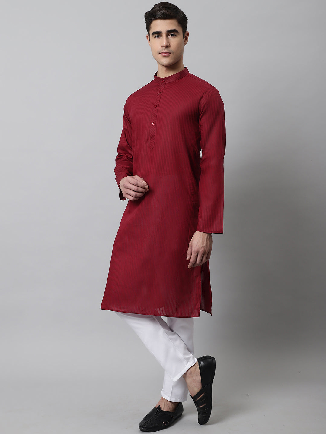 Jompers Men's Maroon Cotton Striped Kurta