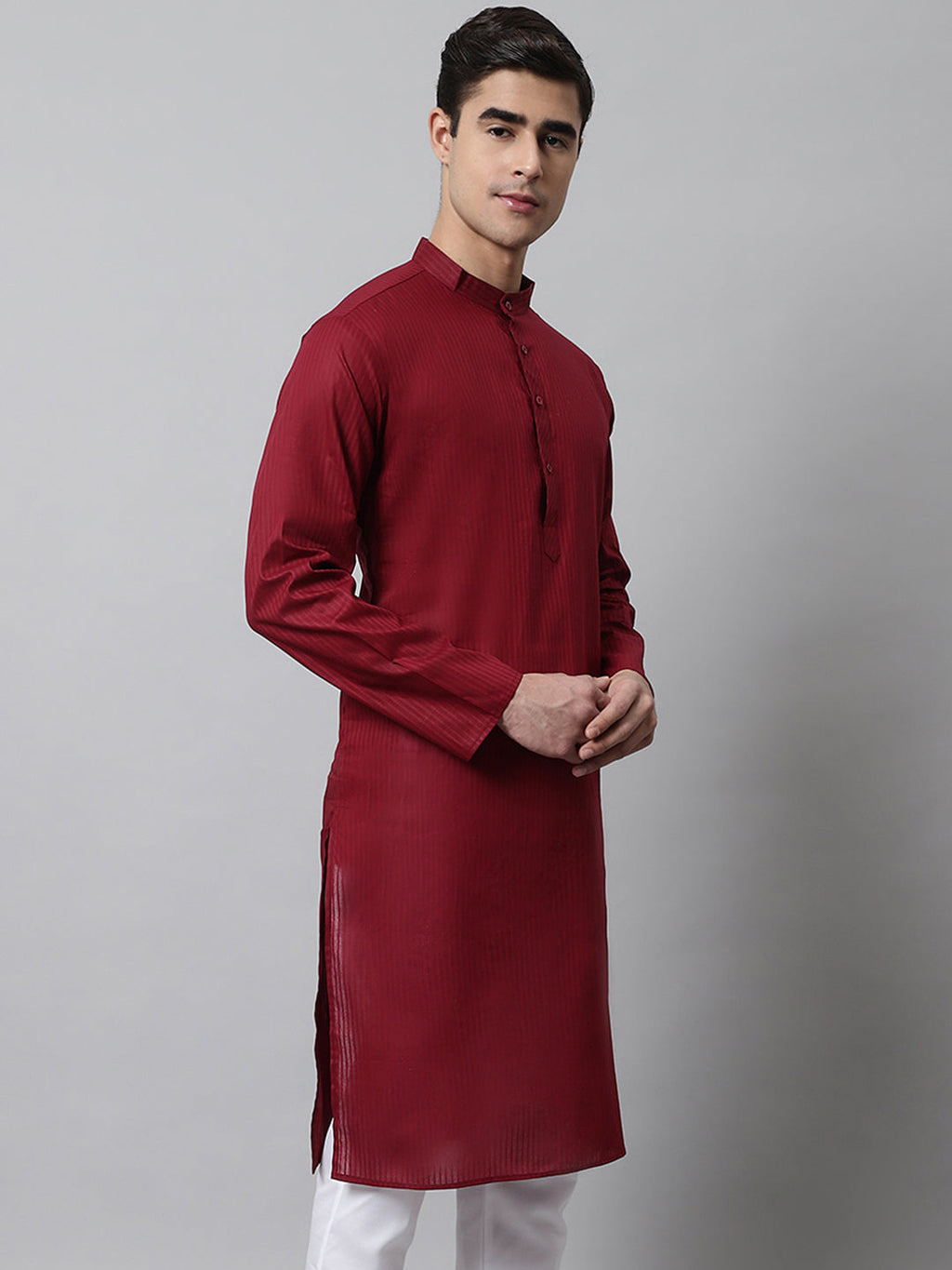 Jompers Men's Maroon Cotton Striped Kurta
