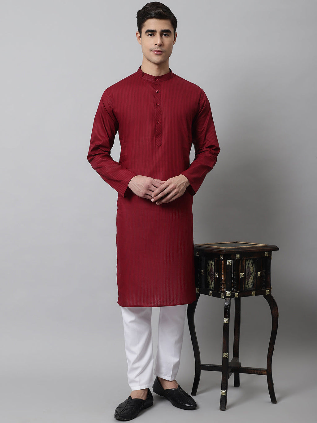Jompers Men's Maroon Cotton Striped Kurta