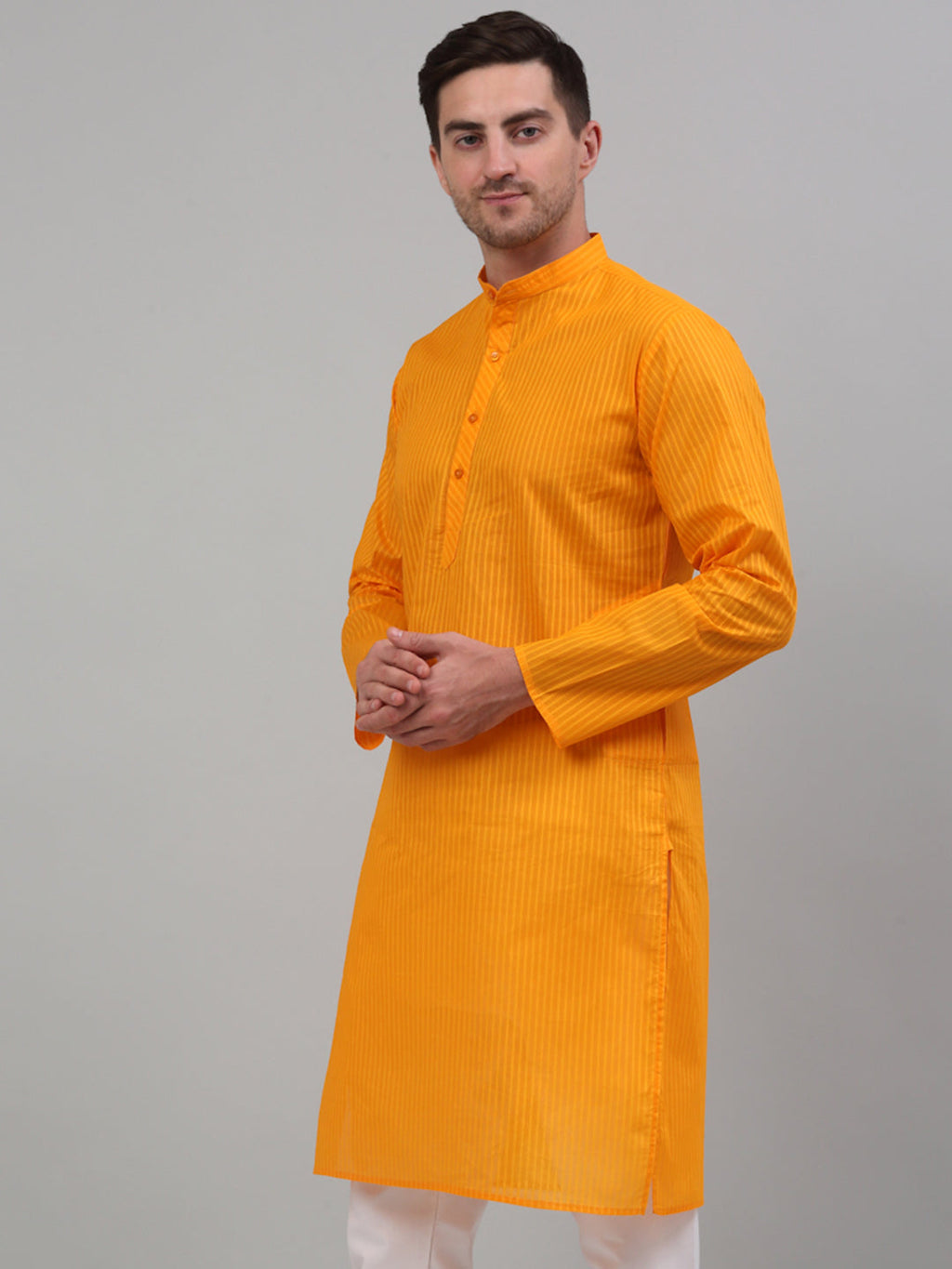 Jompers Men's Mustard Cotton Striped Kurta Only