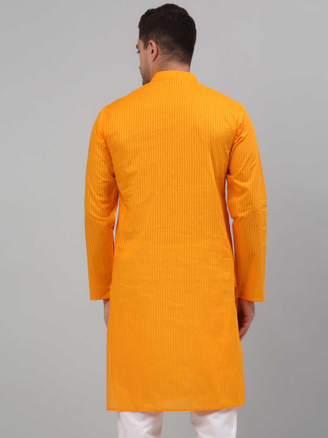 Jompers Men's Mustard Cotton Striped Kurta Only