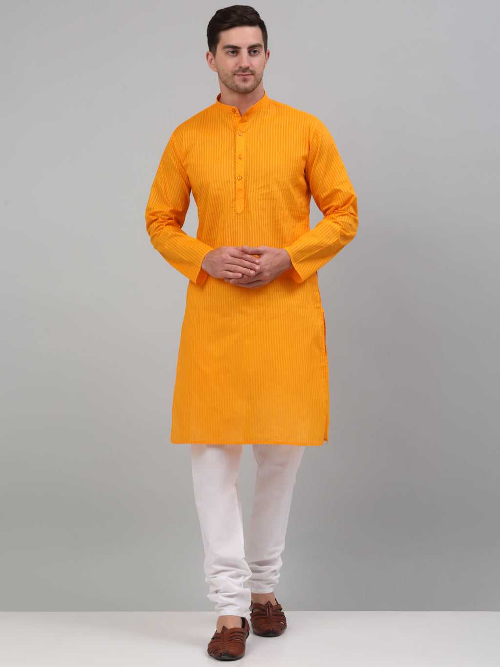 Jompers Men's Mustard Cotton Striped Kurta Only