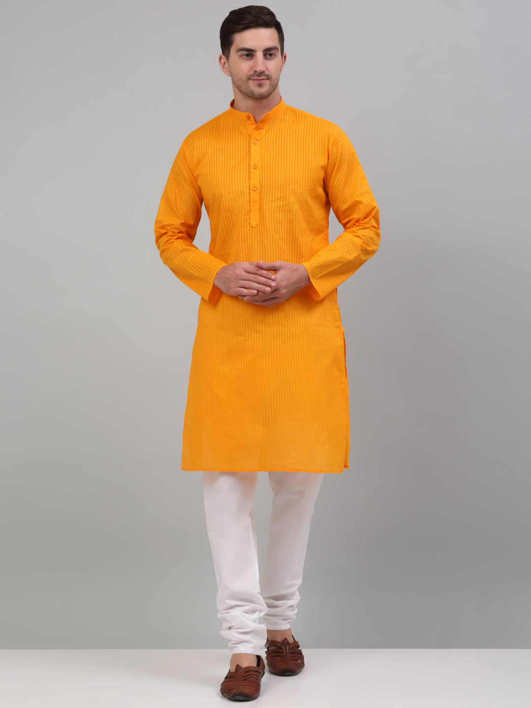 Jompers Men's Mustard Cotton Striped Kurta Only