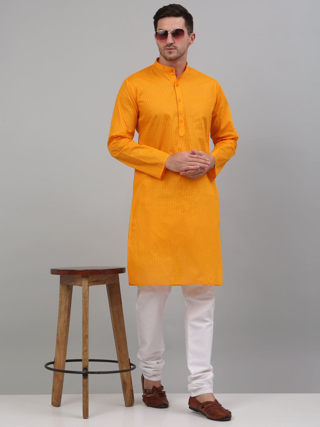 Jompers Men's Mustard Cotton Striped Kurta Only