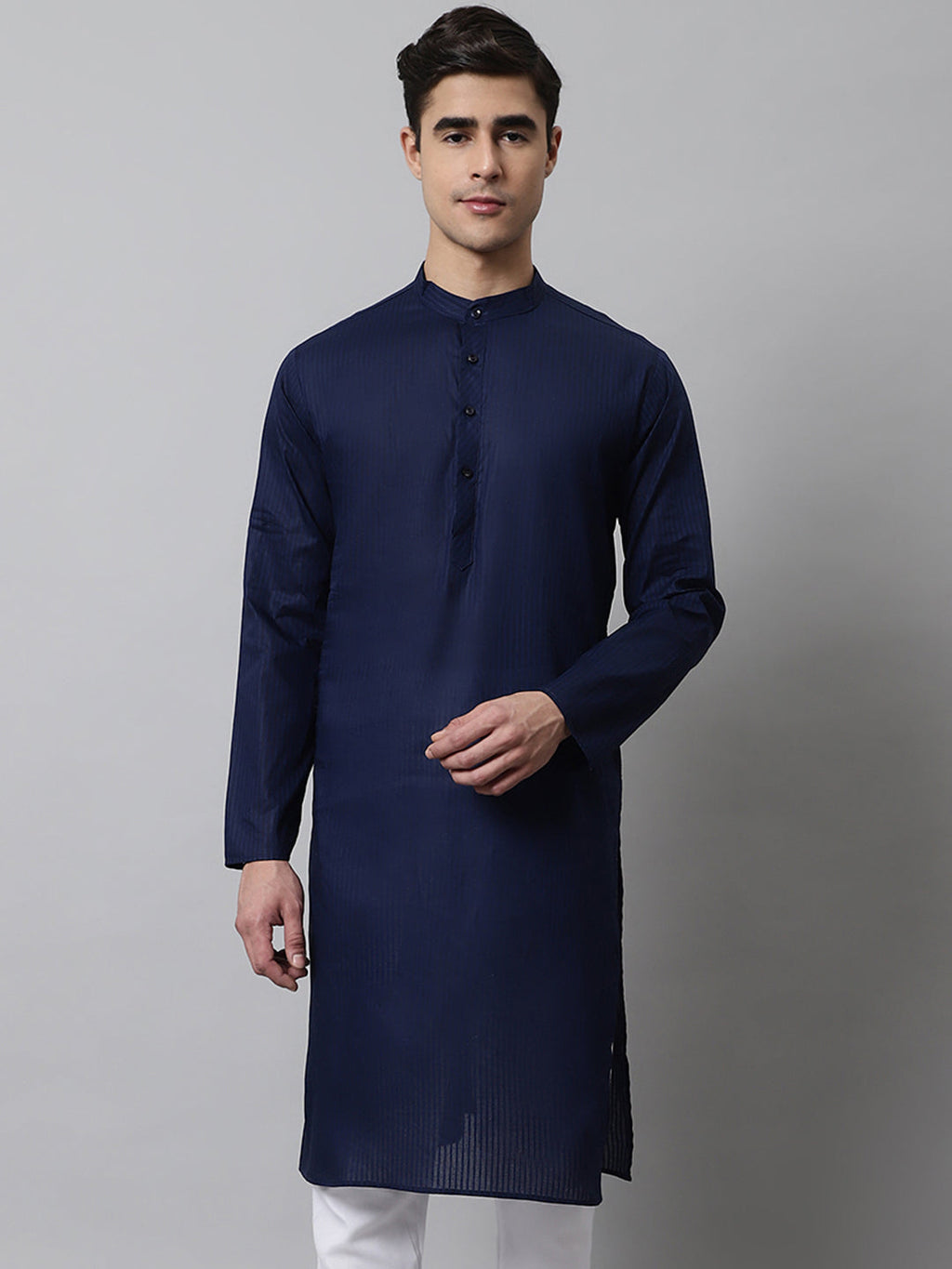 Jompers Men's Navy Blue Cotton Striped Kurta