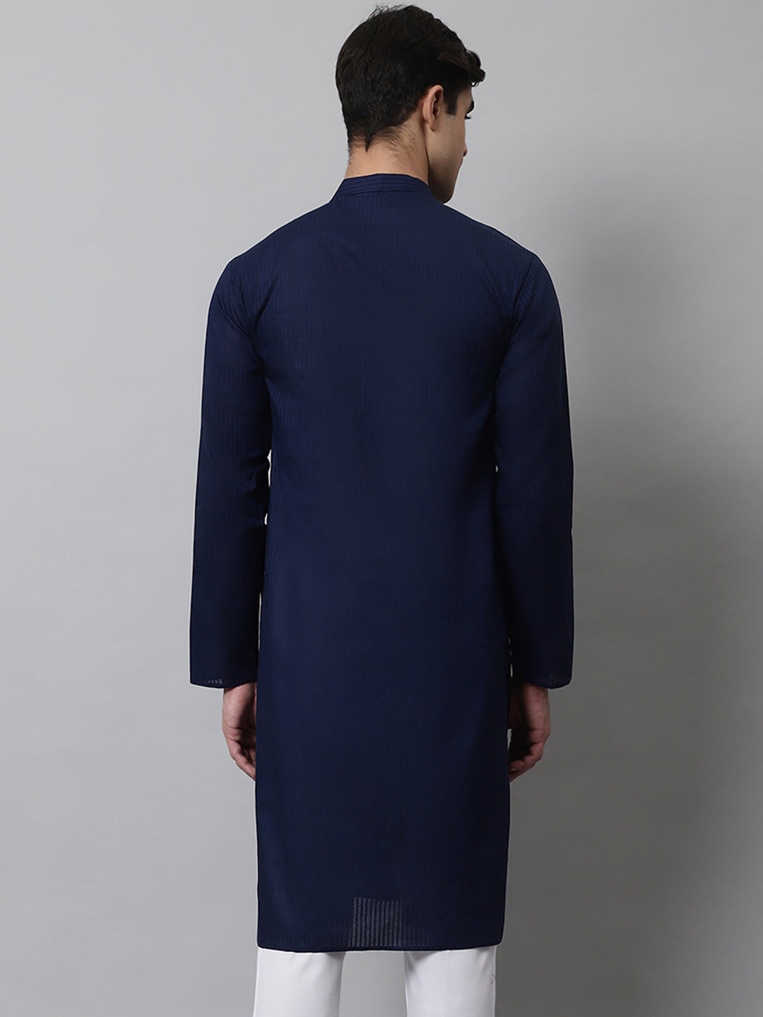 Jompers Men's Navy Blue Cotton Striped Kurta