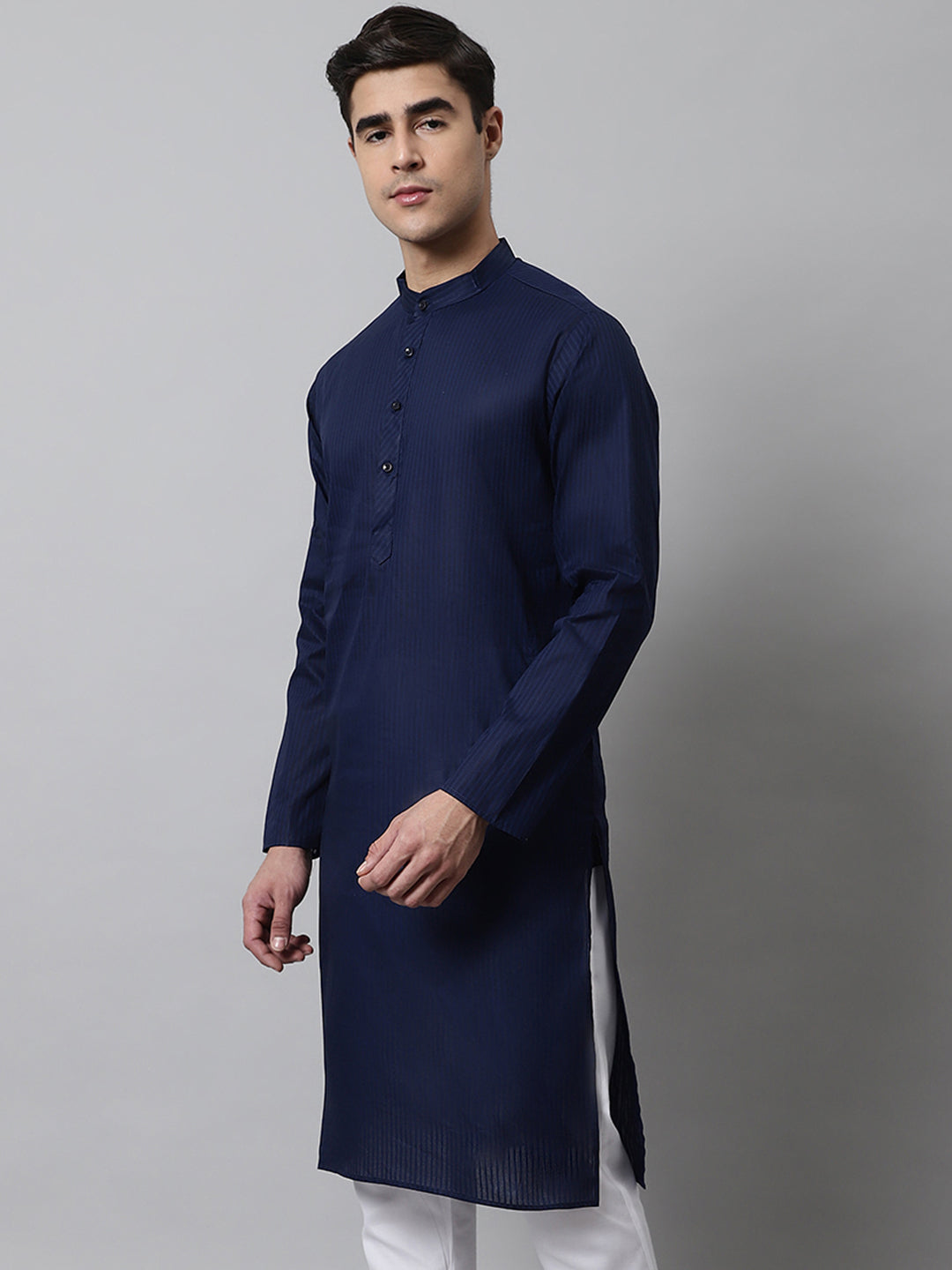 Jompers Men's Navy Blue Cotton Striped Kurta