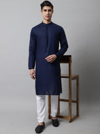 Jompers Men's Navy Blue Cotton Striped Kurta