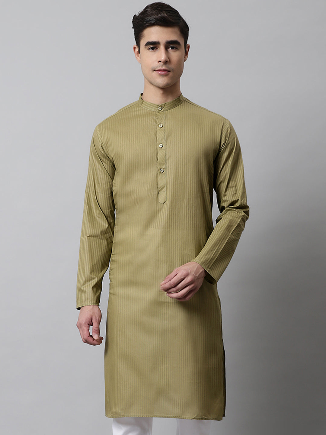 Jompers Men's Olive Green Cotton Striped Kurta