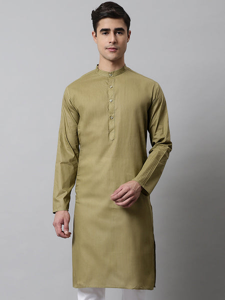 Jompers Men's Olive Green Cotton Striped Kurta