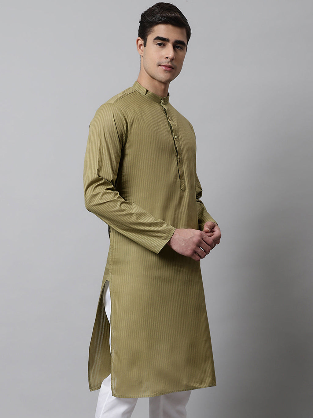 Jompers Men's Olive Green Cotton Striped Kurta