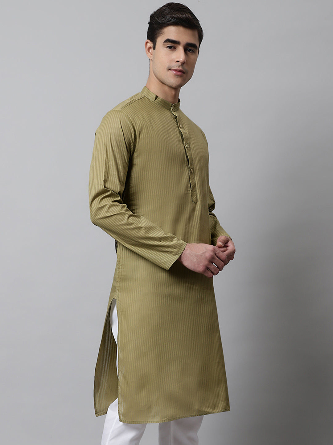 Jompers Men's Olive Green Cotton Striped Kurta