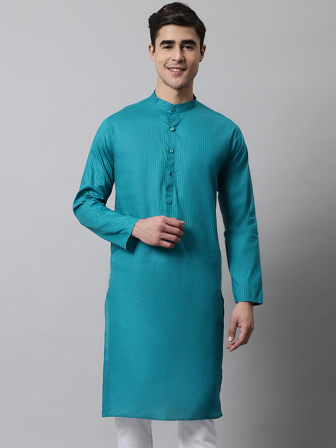 Jompers Men's Teal Blue Cotton Striped Kurta