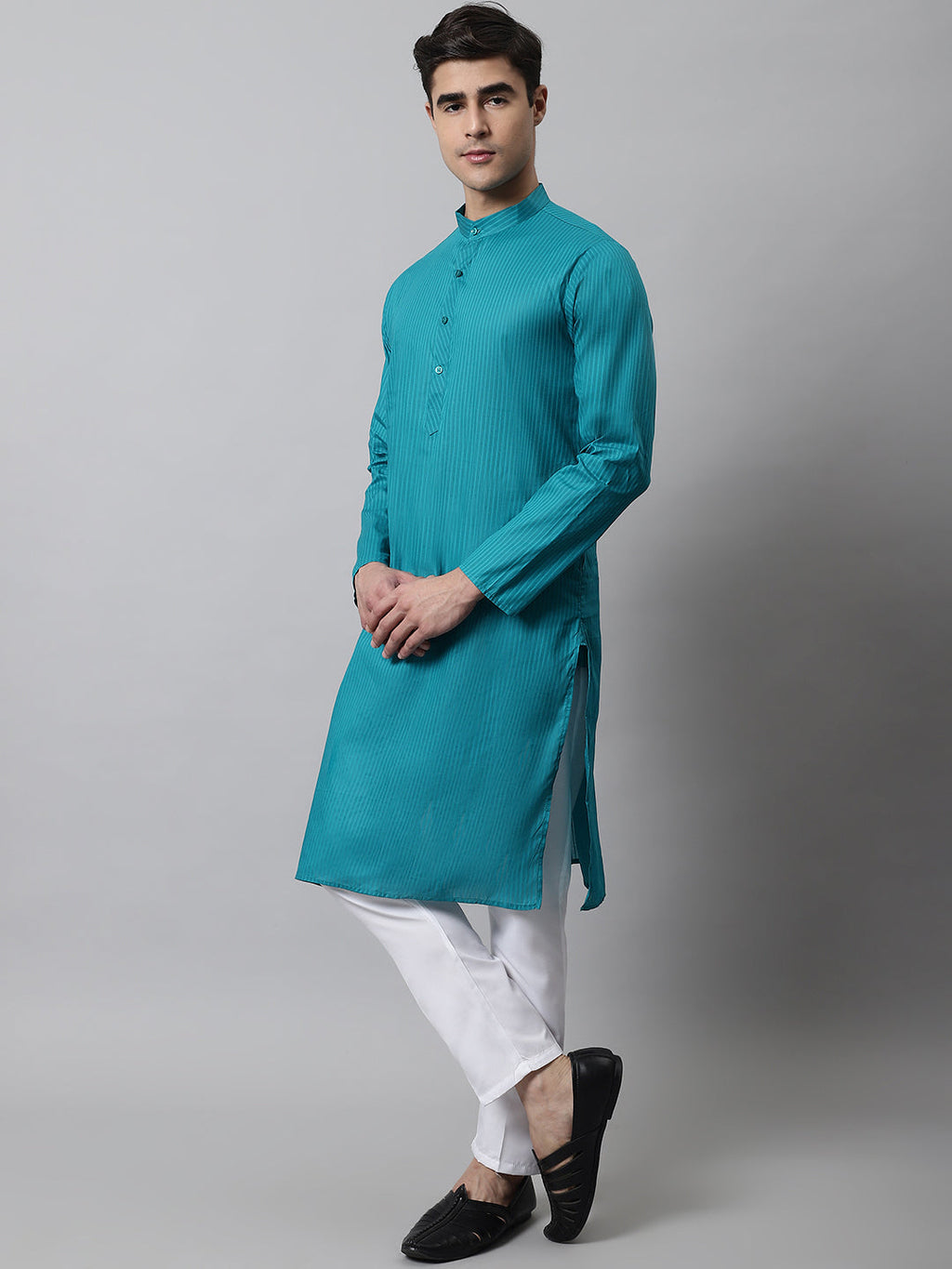 Jompers Men's Teal Blue Cotton Striped Kurta