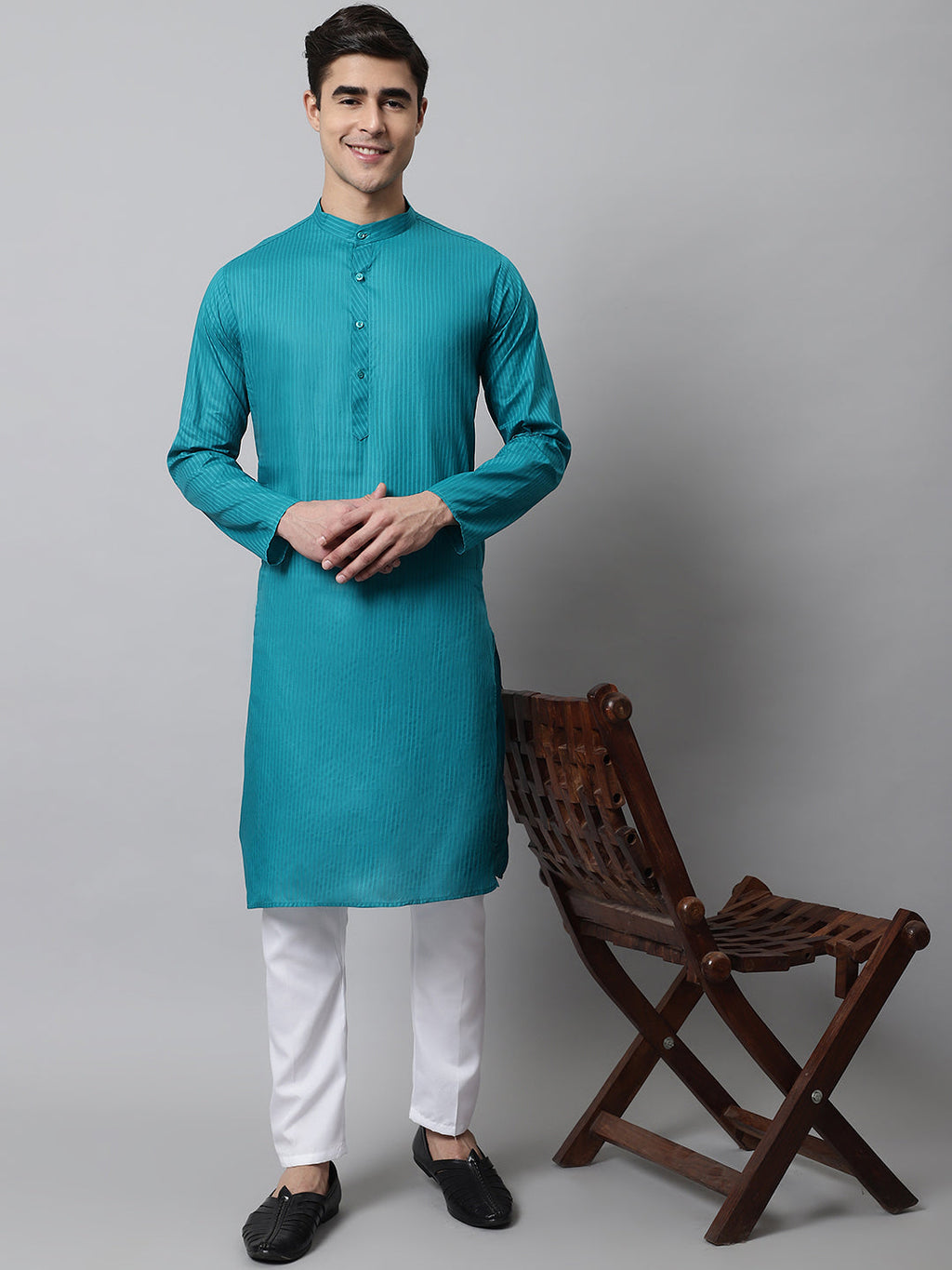 Jompers Men's Teal Blue Cotton Striped Kurta