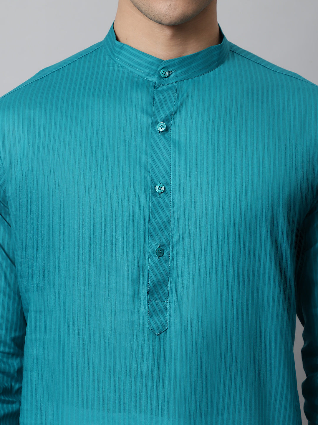 Jompers Men's Teal Blue Cotton Striped Kurta