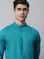 Jompers Men's Teal Blue Cotton Striped Kurta