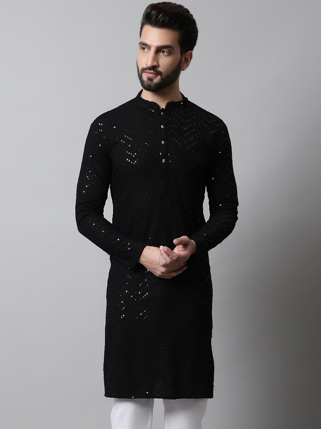 Jompers Men's Black Embroidered Sequinned Kurta