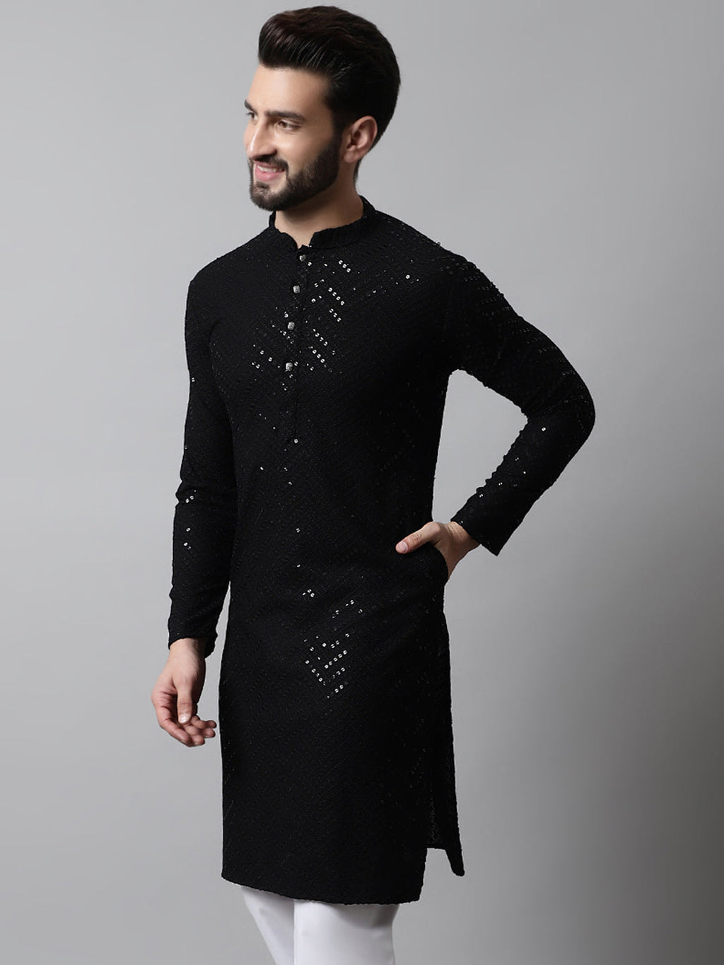 Jompers Men's Black Embroidered Sequinned Kurta