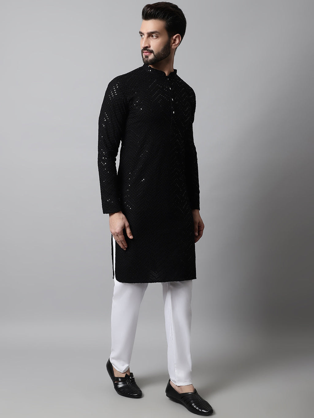 Jompers Men's Black Embroidered Sequinned Kurta