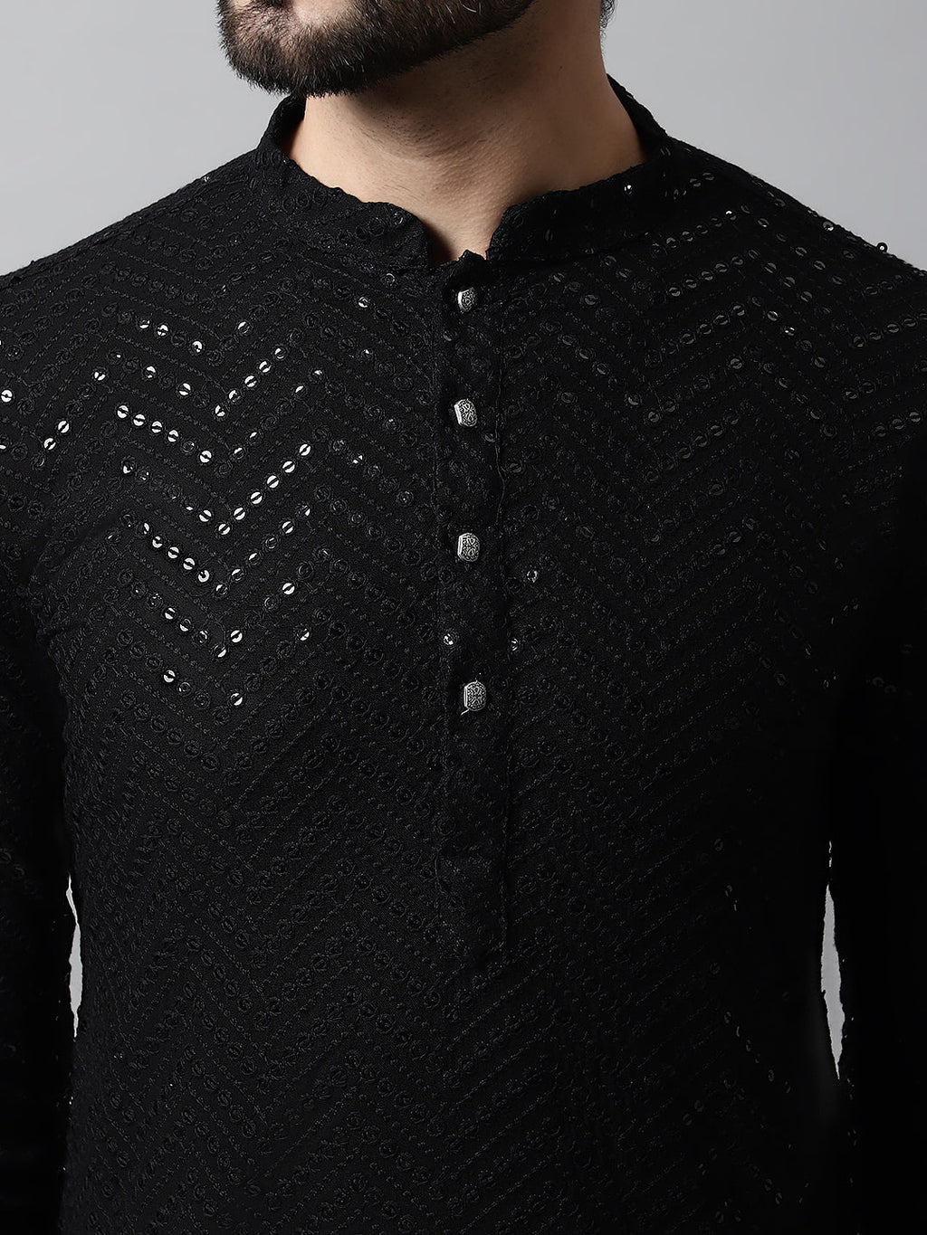 Jompers Men's Black Embroidered Sequinned Kurta