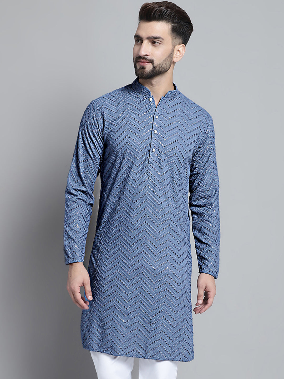 Jompers Men's Grey Embroidered Sequinned Kurta Only