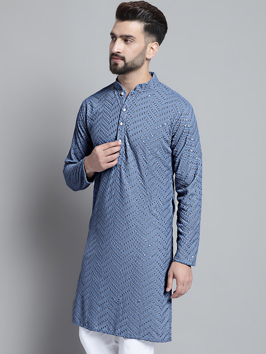 Jompers Men's Grey Embroidered Sequinned Kurta Only