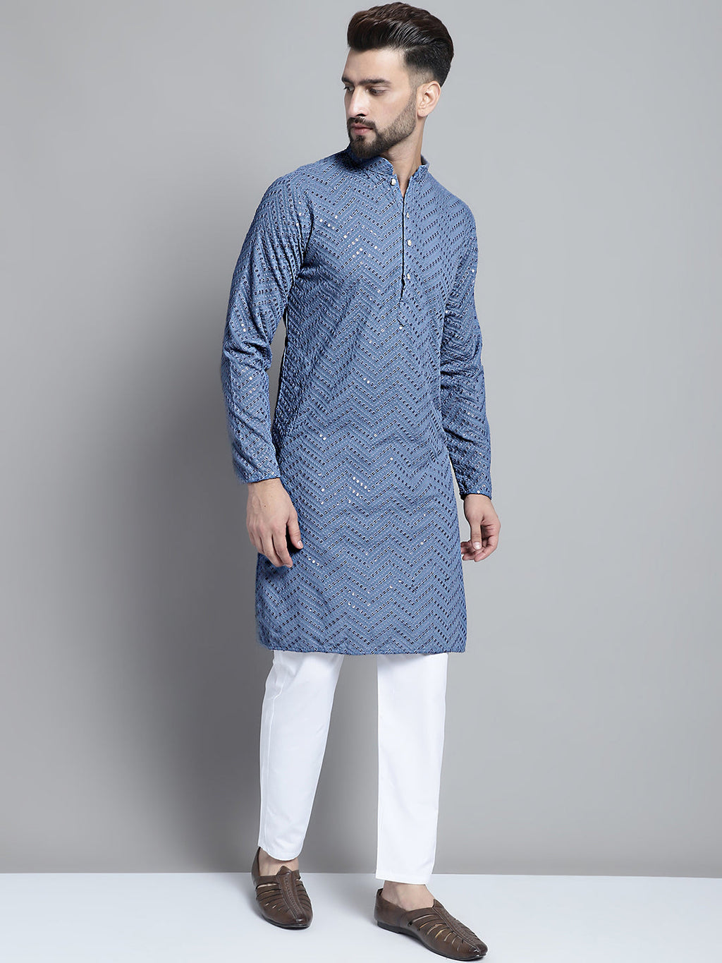 Jompers Men's Grey Embroidered Sequinned Kurta Only
