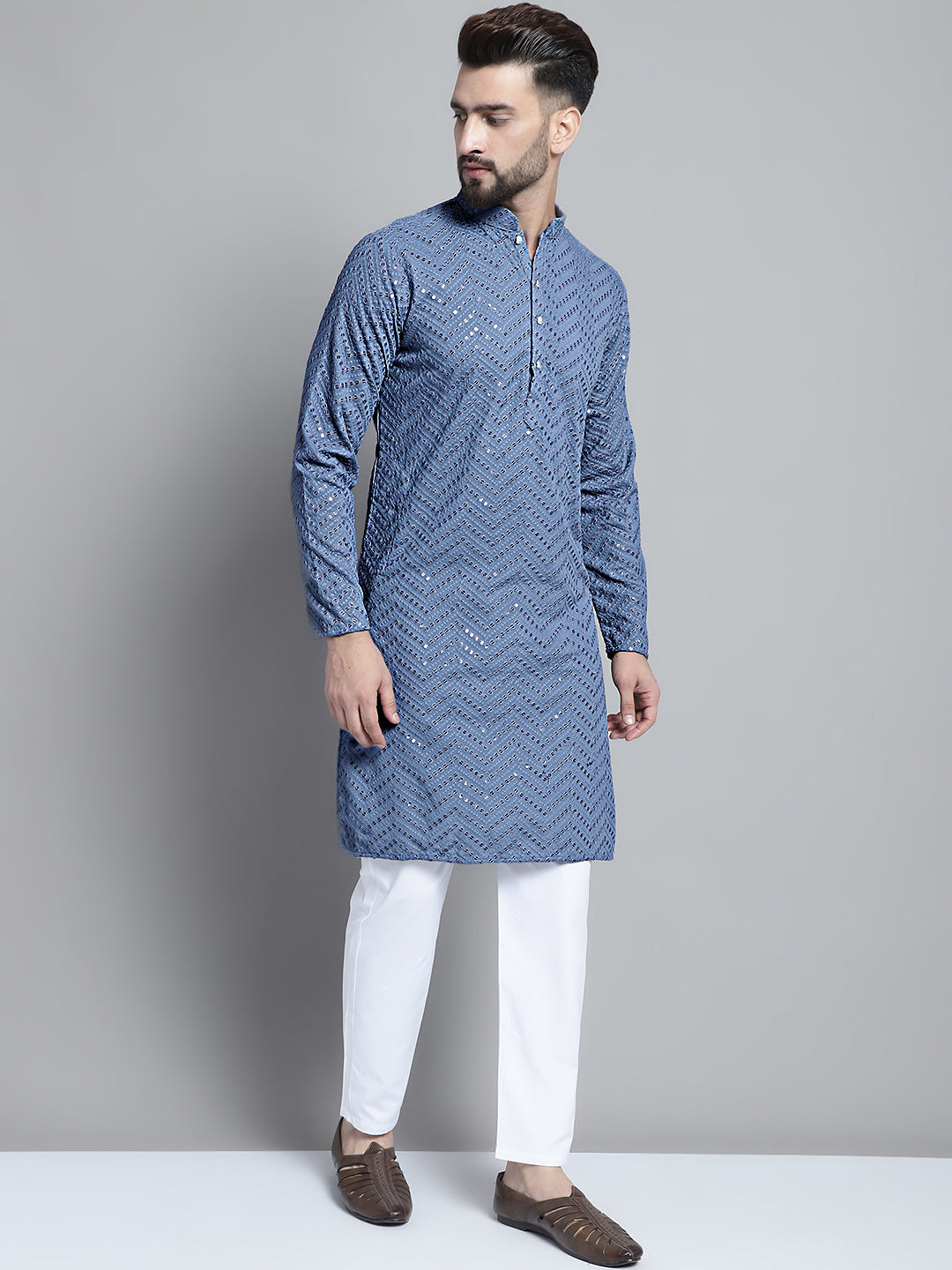 Jompers Men's Grey Embroidered Sequinned Kurta Only