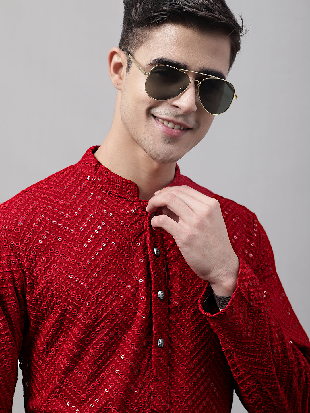 Jompers Men's Navy Blue Embroidered Sequinned Kurta
