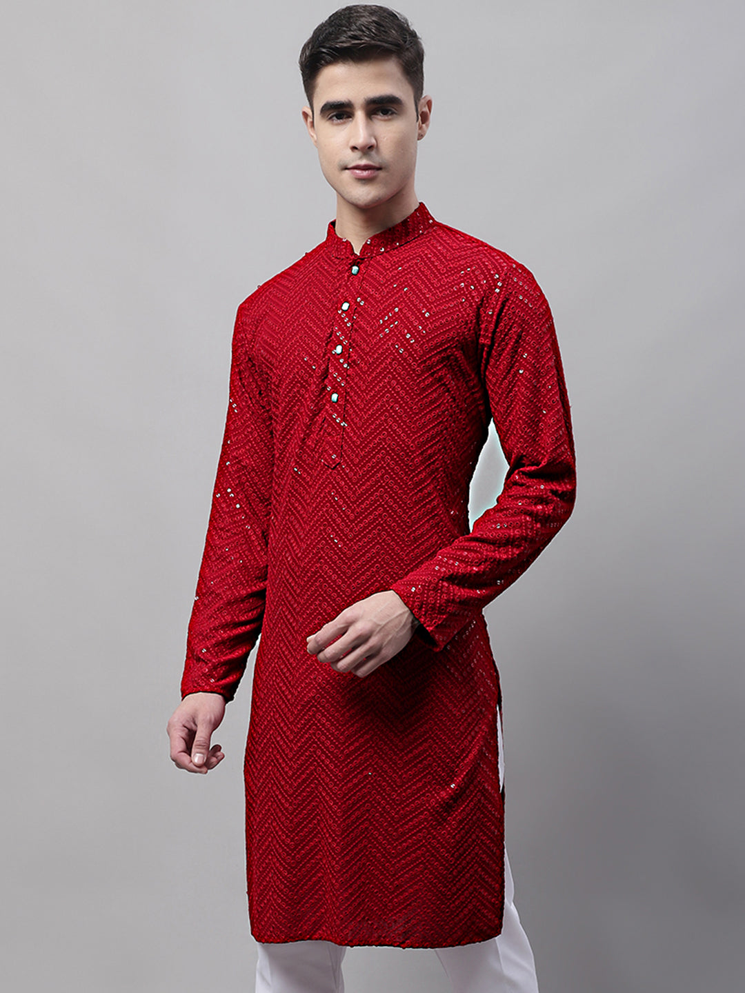 Jompers Men's Navy Blue Embroidered Sequinned Kurta