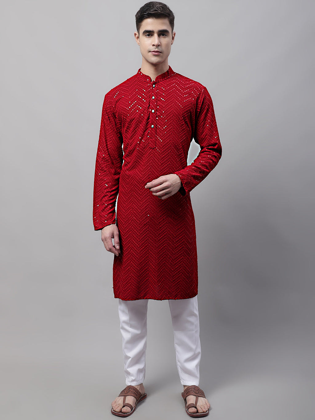 Jompers Men's Navy Blue Embroidered Sequinned Kurta